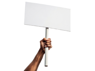 Raised hand holds blank sign, symbolizing protest or expression. This conveys strong message of advocacy and empowerment