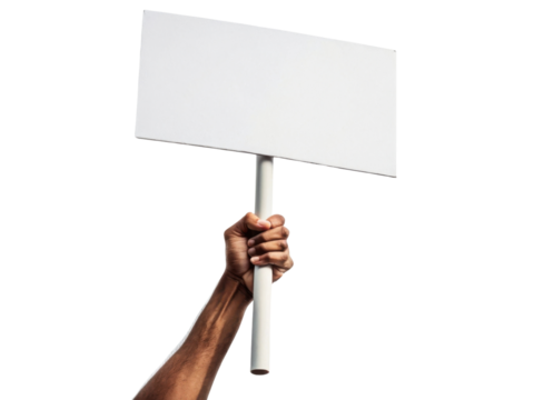 Raised hand holds blank sign, symbolizing protest or expression. This conveys strong message of advocacy and empowerment