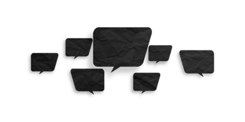 Black speech bubble crumpled paper isolated on transparent background