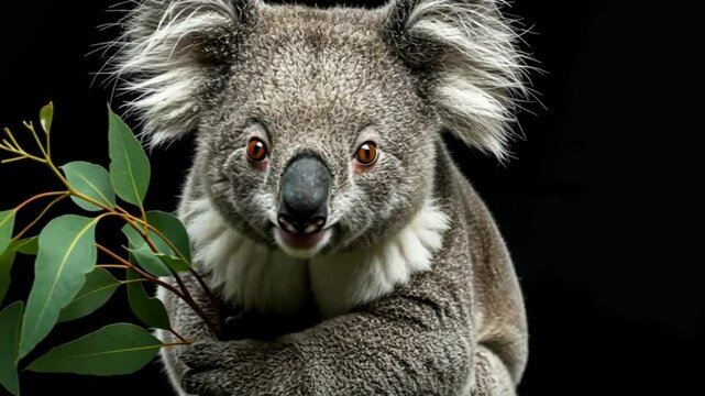 koala animal holding a plant with black background footage
