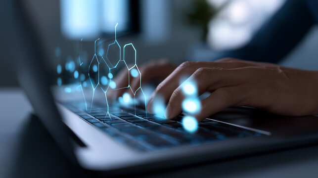 Dark-skinned hands type on a laptop keyboard with a glowing digital graph overlay, symbolizing data analysis and business growth.
