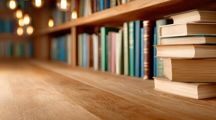 A cozy reading nook with neatly stacked books against a backdrop of well-organized shelves, perfect for book lovers.