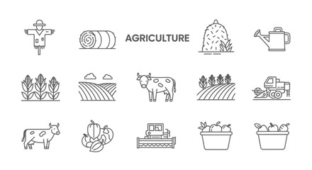 Agriculture Icon Set Farm, Crops, Livestock & Equipment Line Art Illustrations