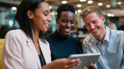 Three diverse and happy colleagues are smiling and collaborating while looking at a digital tablet.
