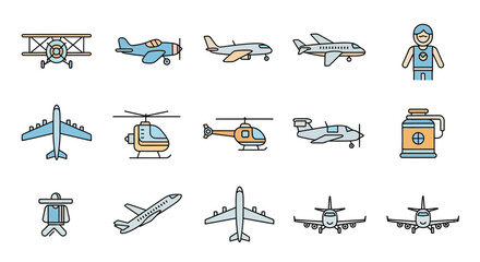 Airplane Icons Vector Illustrations of Aircraft, Helicopters, and Aviation Personnel