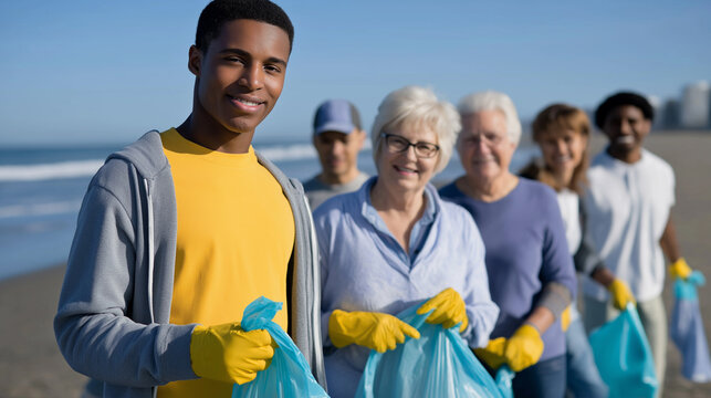 Multigenerational group of volunteers cleaning up plastic on a sunny beach with trash bags and gloves.  
 - Powered by Adobe