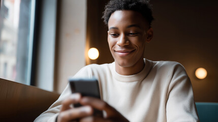 A smiling African American man is happily using his smartphone in a cozy cafe or indoor setting.
