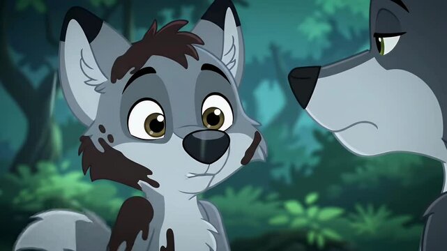 Animated forest creatures interact cartoon wolfish figures child friendly illustration nature scene digital art for children