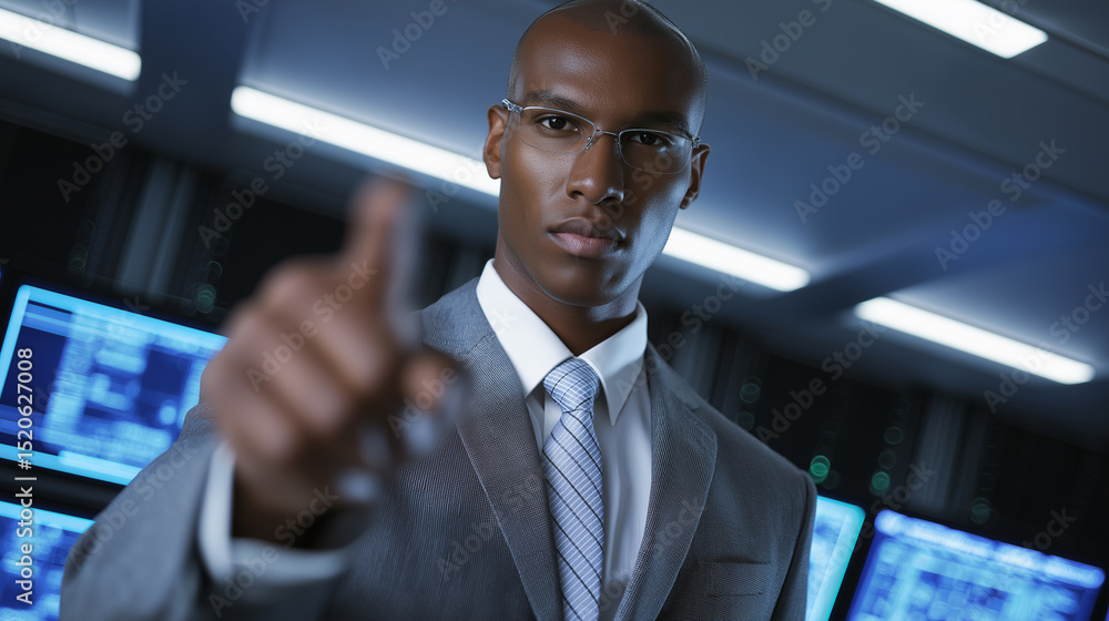 Poster serious businessman in data center pointing at server rack with focus and urgency.