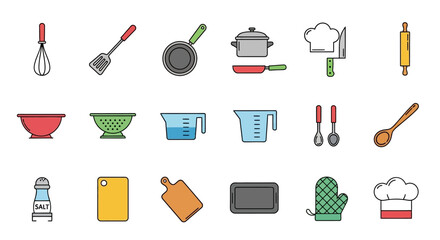 Colorful Kitchen Utensil and Cookware Icons A Free Vector Illustration