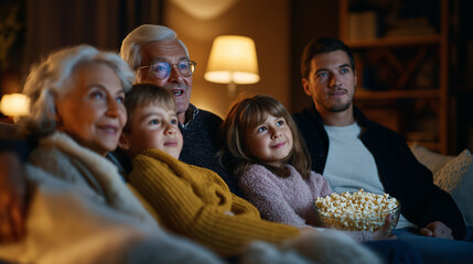 Multigenerational family sitting together on a couch enjoying a cozy movie night with popcorn.
