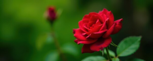 Obraz premium Single red rose blooms, vibrant petals, green foliage backdrop, photography, close-up