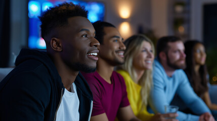 Group of friends watching a sports game or show together at night with excitement.
