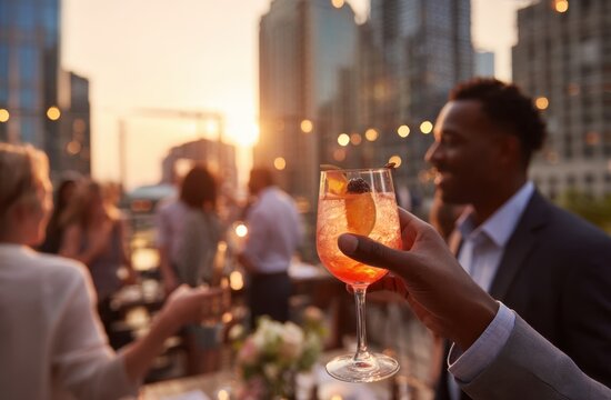 People drinking cocktails at outdoor rooftop event
