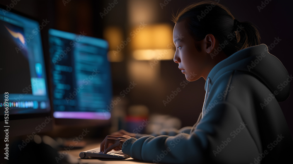 Aufkleber young female programmer working on code late at night in tech workspace.
