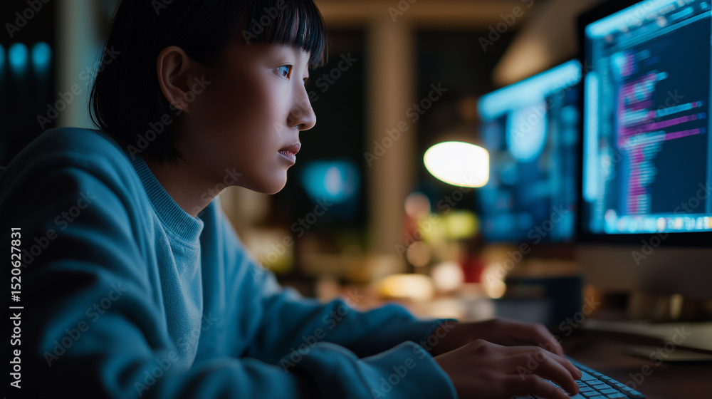 Poster young female programmer working on code late at night in tech workspace.