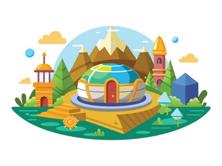 Fantasy dome house in mountain landscape isolated on white background
