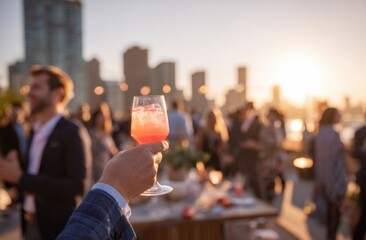 Person holding cocktail glass at sunset party