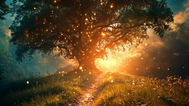 Enchanting path leading to a luminous, mystical tree in a dreamy forest