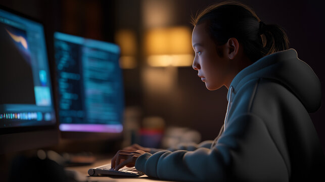 Young female programmer working on code late at night in tech workspace.
