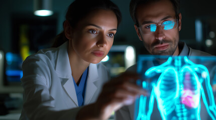 Two scientists analyzing advanced medical data on digital touchscreen in a high-tech lab.

