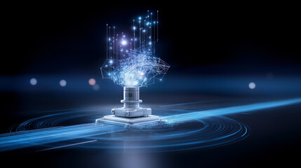 Futuristic holographic interface displaying data projections from a digital platform in dark space.
