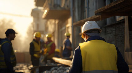 Fototapeta premium Group of construction workers in safety gear collaborating on a building site during sunrise. 