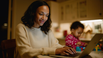 Smiling mother working on laptop in kitchen while child plays in the background. 
