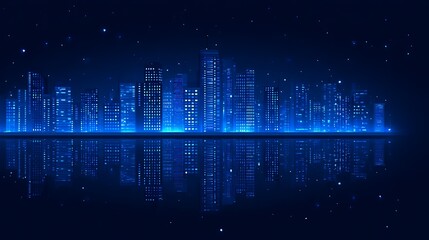 Night city skyline with water reflection