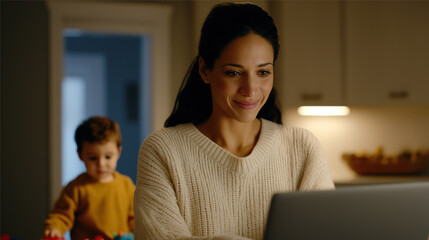 Smiling mother working on laptop in kitchen while child plays in the background.
