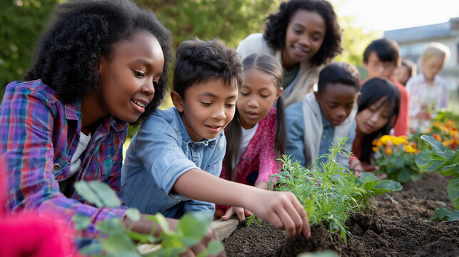 Diverse children are happily engaged in planting seedlings in a community garden under the supervision of an adult.
- Powered by Adobe