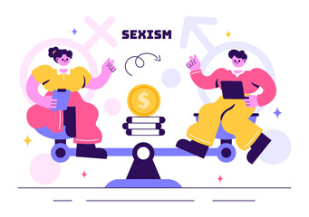 Sexism Illustration Featuring Gender Inequality Between Men and Women in the Workplace or Society, Aiming to Raise Awareness and Stop Discrimination