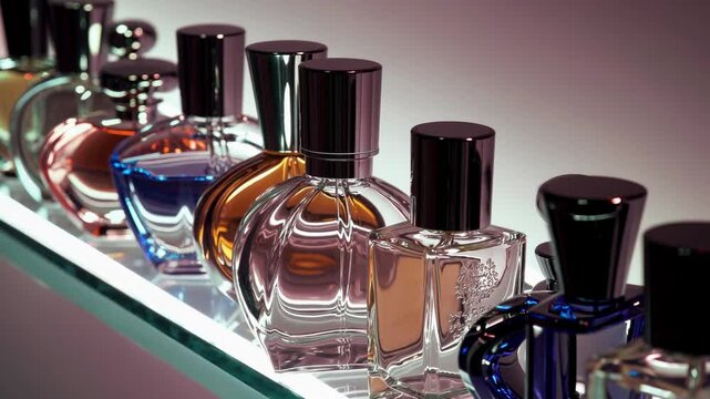 Elegant perfume bottles displayed on illuminated shelf