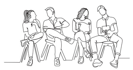 continuous one line art of a group of men and women sitting discussing their work. work team. vector illustration with white background