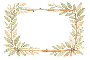 Naklejka premium Natural wooden branch frame bordering transparent backdrop, featuring interwoven twigs and green leaves creating organic design element