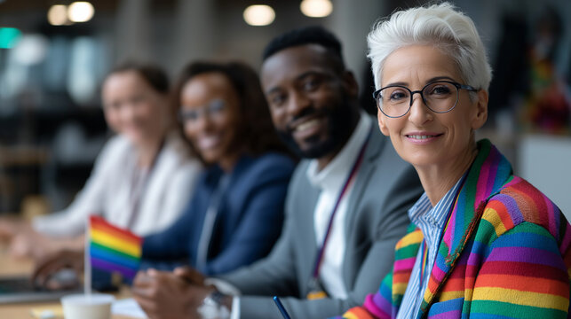 Diverse group of business professionals smiling with pride flag on office table.

