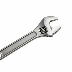 A close up view of a silver adjustable wrench with a white background in a studio setting