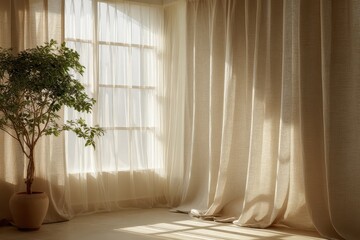 Sunlight streams through sheer curtains and illuminates a potted plant beside heavy linen drapes in a minimalist room