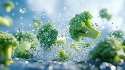 Fresh Broccoli Florets Splashing in Pure Water Healthy Eating Concept