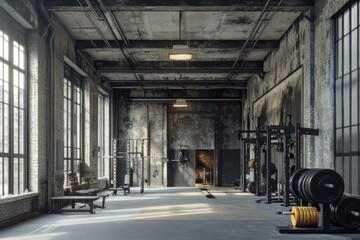 Industrial style gym interior with heavy weightlifting equipment.