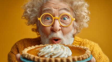 Grandpa in turkey-shaped glasses eating pumpkin pie, whipped cream splatter, Thanksgiving dinner, funny face, mustard yellow backdrop, family holiday humor