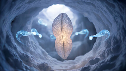 Abstract Glowing Seed Pods Floating in a Blue Cave Environment