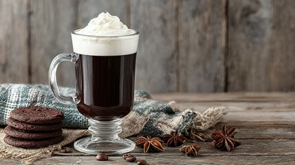 A glass Irish coffee mug with whipped cream and dark coffee.
