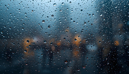 Obraz premium Rainy Cityscape Viewed Through Window: Raindrops cling to a windowpane, blurring the lights and shapes of a rainy cityscape at night, creating a moody and atmospheric scene.