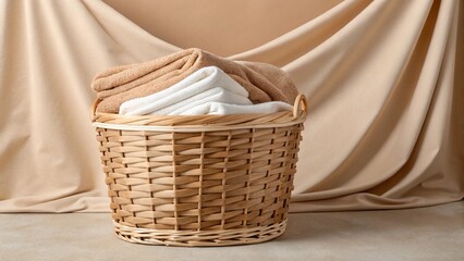 Obraz premium Close-up of a woven basket filled with clean, neatly stacked linens in natural and white tones, positioned in front of a subtly draped, light-colored background