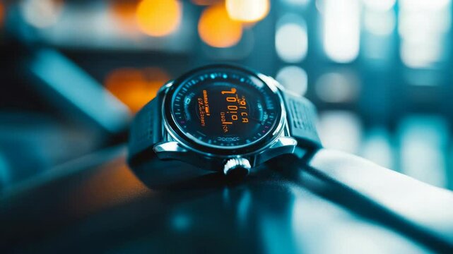 Modern Digital Smartwatch with Orange Display and Black Band on a Dark Surface with Blurry Bokeh Background for Timekeeping