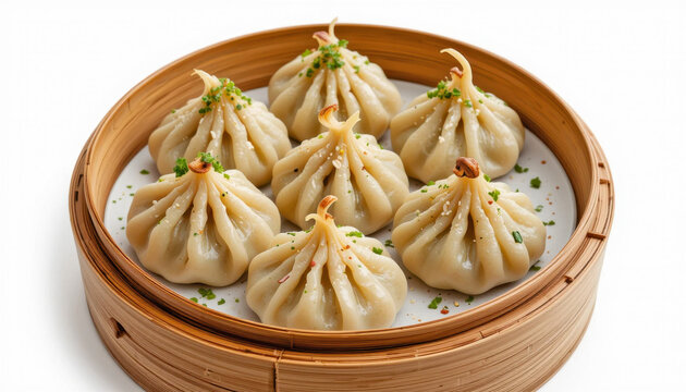 Six succulent Xio Long Bao dumplings, delicately steamed in a bamboo basket, are garnished with fresh herbs and spices.  A delicious Asian culinary experience.