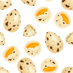 Quail eggs seamless pattern. Whole, half of egg with yolk and eggshell. Vector cartoon flat illustration. Healthy food background