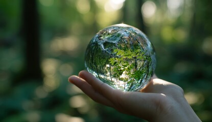 Hand holding forest reflection in crystal ball