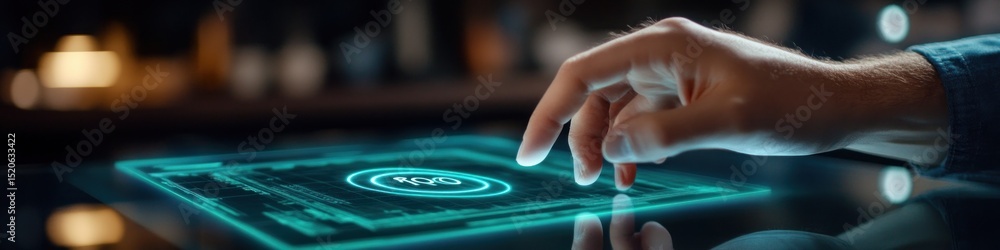 Poster a person interacting with a futuristic glowing interface on a reflective surface with finger touch